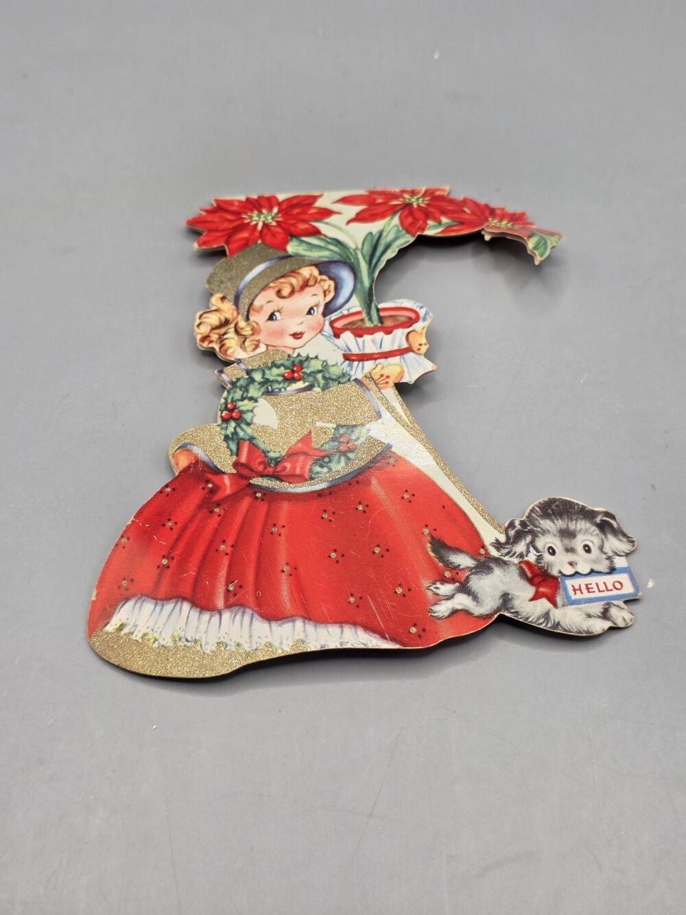Vintage Christmas Tree Ornament Greeting Card Die Cut Unused 1950s Girl Puppy